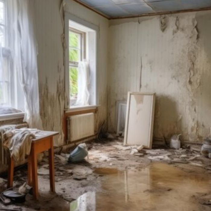 Severe water damage in room requiring emergency response